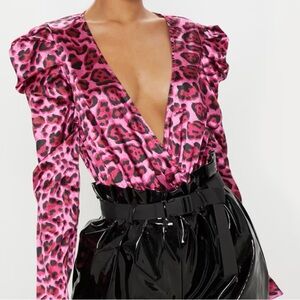PrettyLittleThing Pink Satin Leopard Print Bodysuit